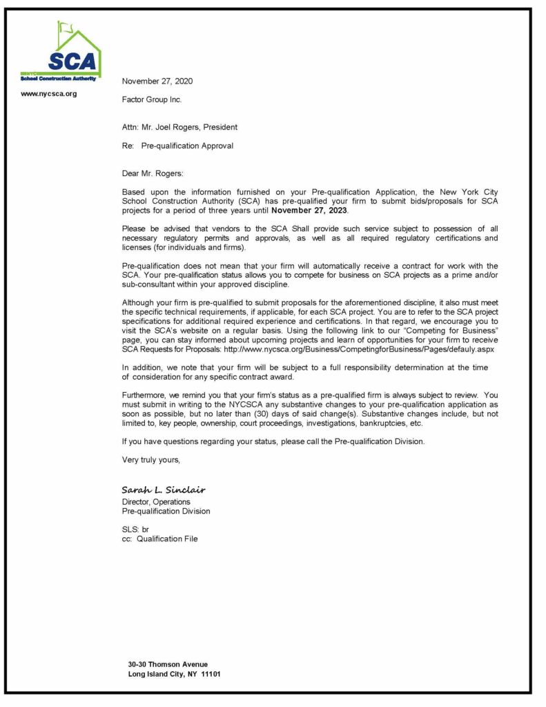 Factor group prequalified for nyc school construction authority