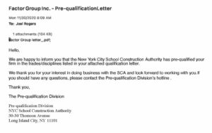 NYC SCA Prequalified Vendor Letter